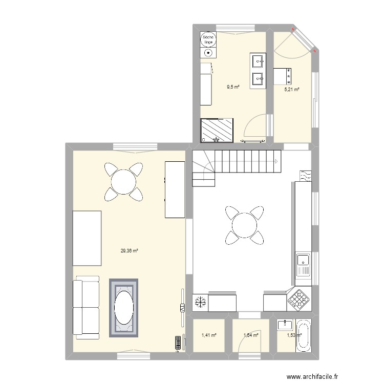 salle d'eau. Plan de 6 pièces et 49 m2