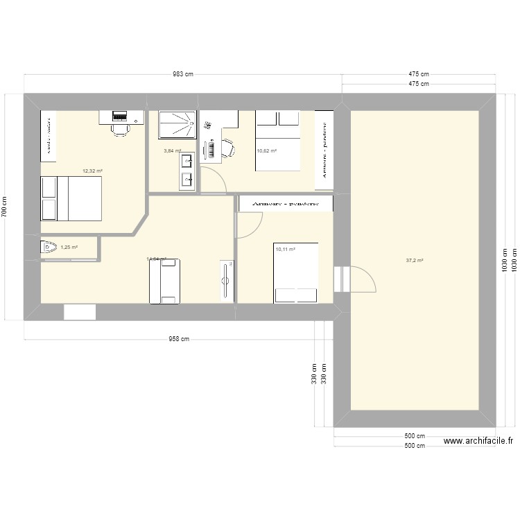 etage version avec salon. Plan de 7 pièces et 90 m2