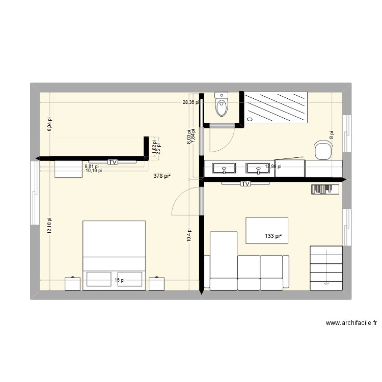 19 lucien Paquette. Plan de 2 pièces et 47 m2