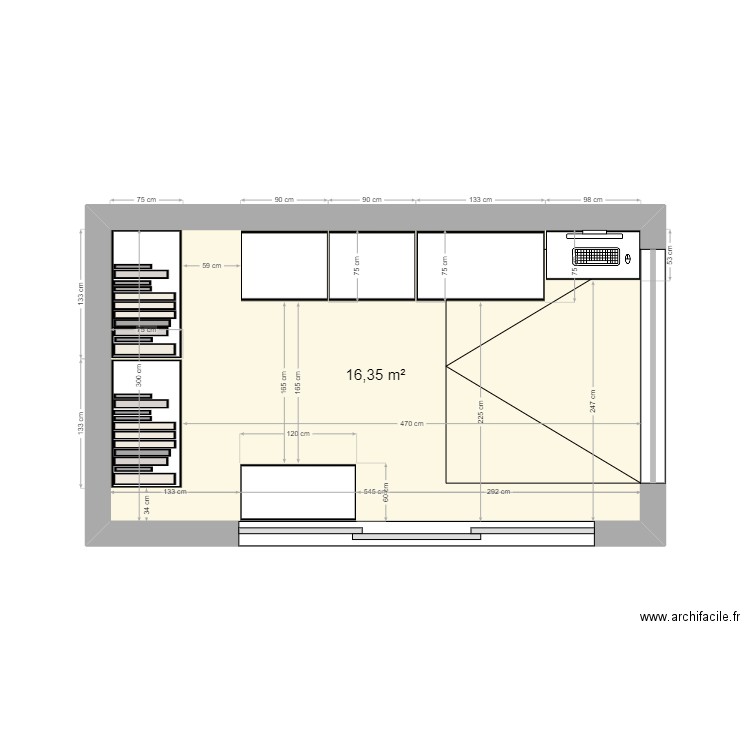 Atelier cot. Plan de 1 pièce et 16 m2