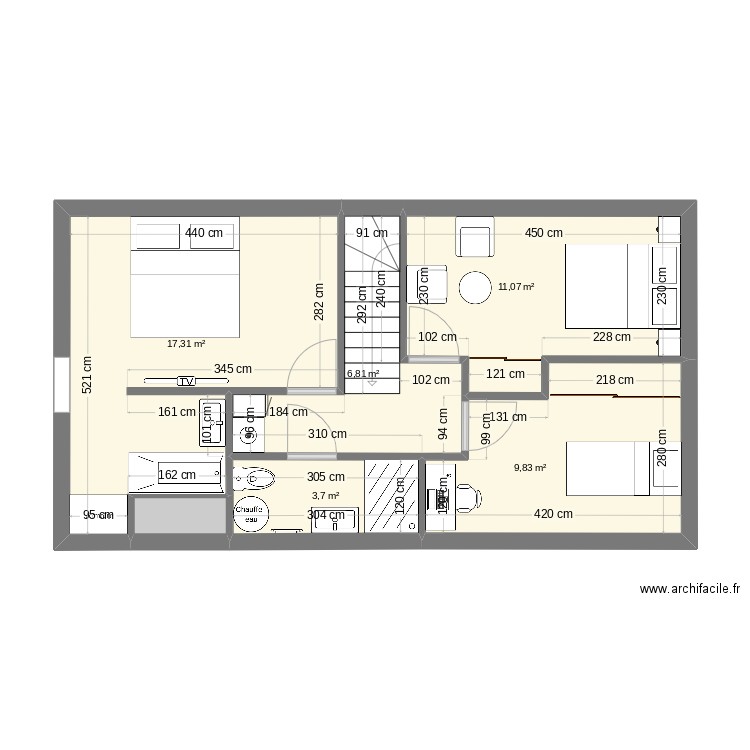 PAM HC etage TC1 meublé. Plan de 6 pièces et 50 m2