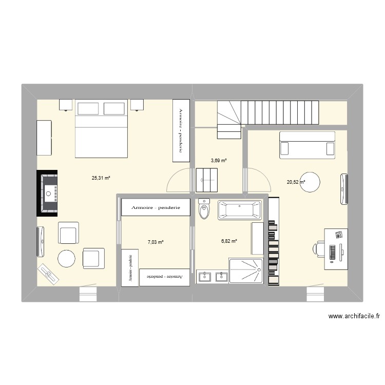 Suite. Plan de 5 pièces et 63 m2