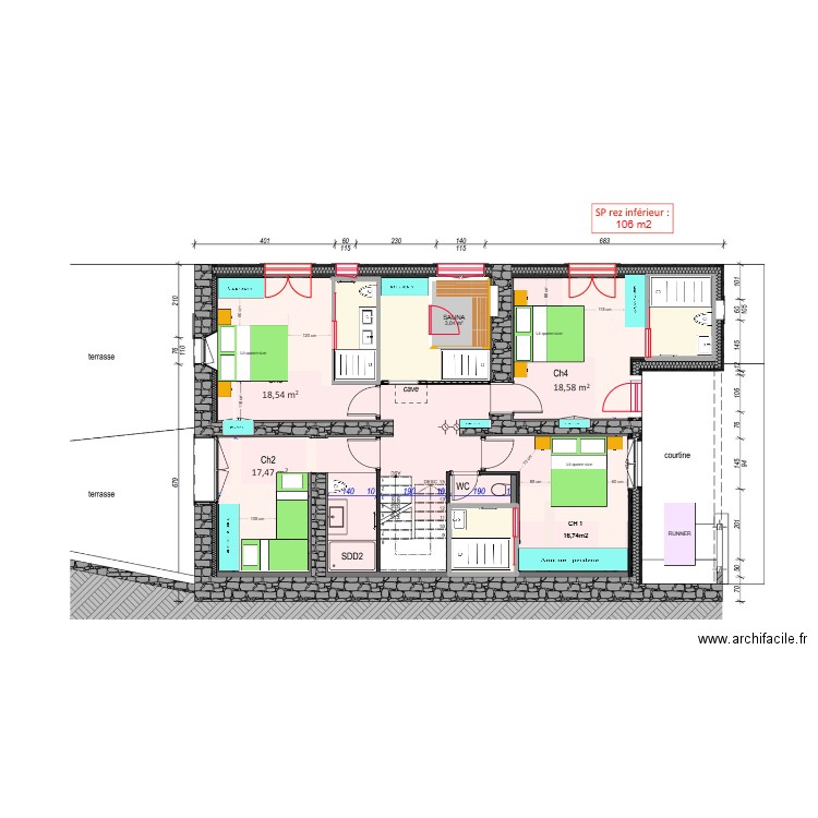 Béné r jardin sauna inversé. Plan de 4 pièces et 14 m2