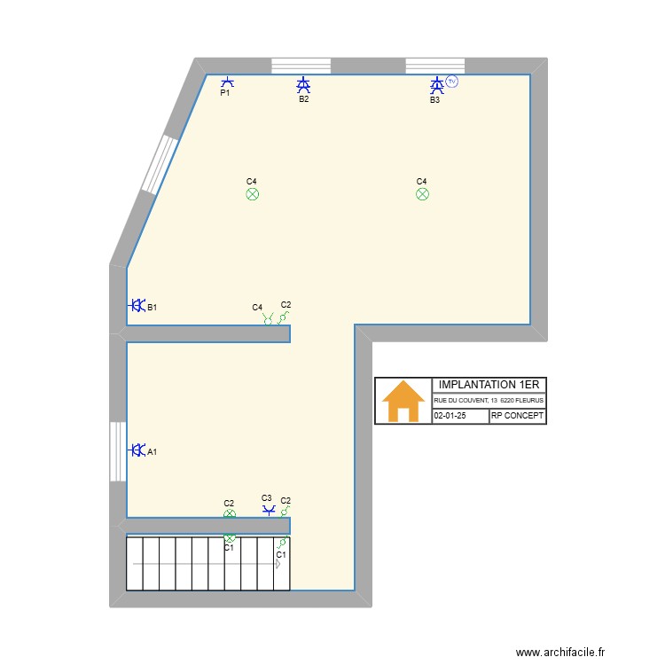 Implantation Fleurus 1er. Plan de 1 pièce et 34 m2