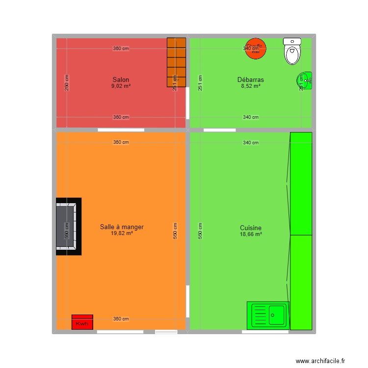 Rez-de-chausée. Plan de 4 pièces et 56 m2