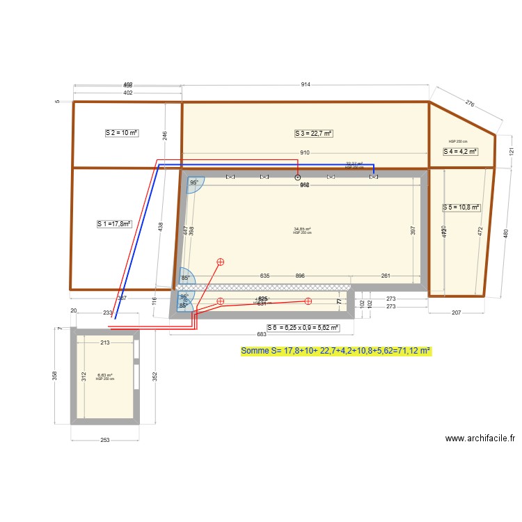 Piscine  Terrasses contour. Plan de 5 pièces et 83 m2