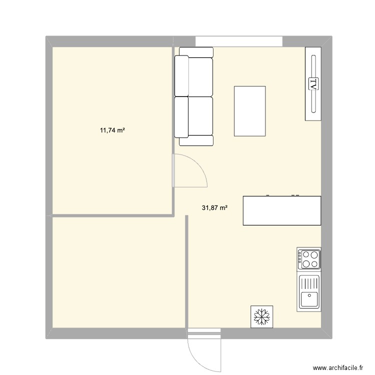 Appart. Plan de 2 pièces et 44 m2