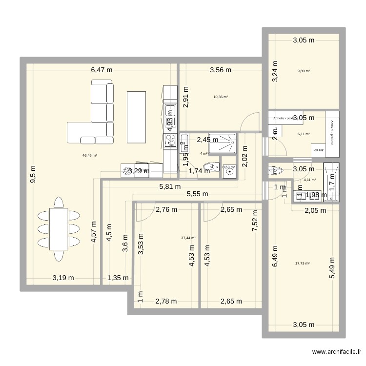 Plan structure 2. Plan de 9 pièces et 137 m2