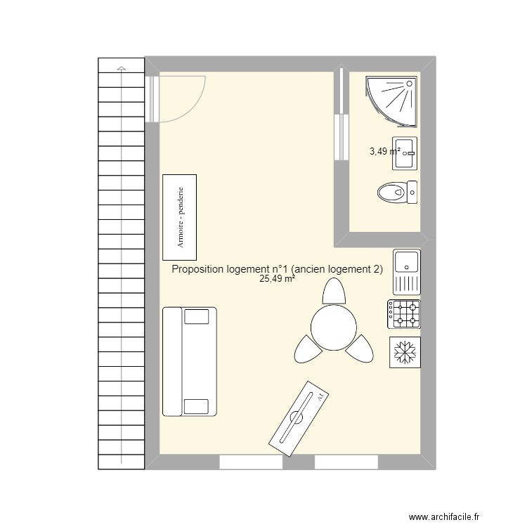 Propostion logement 1. Plan de 2 pièces et 29 m2