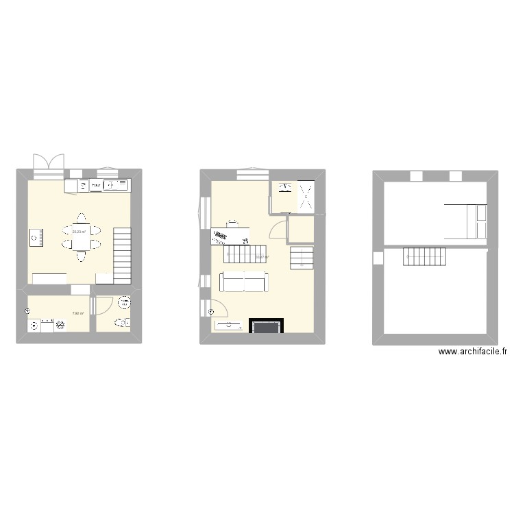 rdc2. Plan de 3 pièces et 65 m2