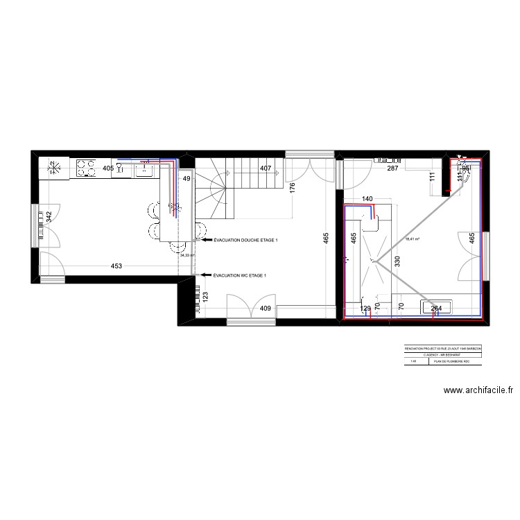 barbizon projet 888 RDC PLOMBERIE. Plan de 2 pièces et 53 m2