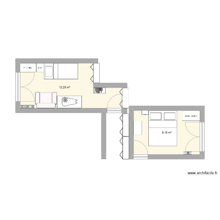 au 19, configuration chambre joy. Plan de 2 pièces et 21 m2