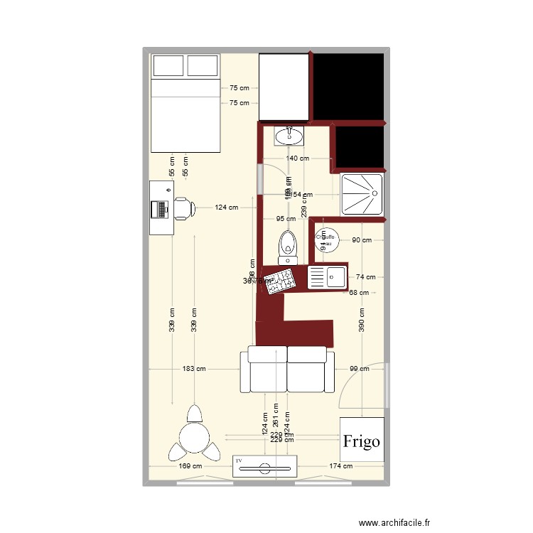 plan 2 chez Thomas et Chloé. Plan de 3 pièces et 40 m2