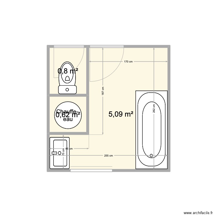 salle de bain. Plan de 3 pièces et 7 m2