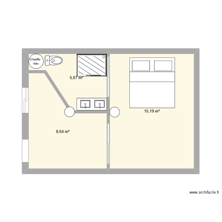 Véranda. Plan de 3 pièces et 29 m2