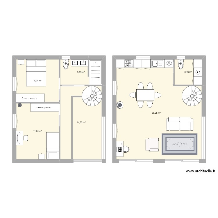 42m². Plan de 6 pièces et 82 m2