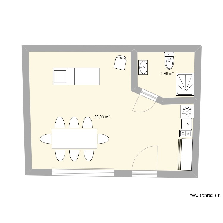 Studio Tétiana. Plan de 2 pièces et 30 m2