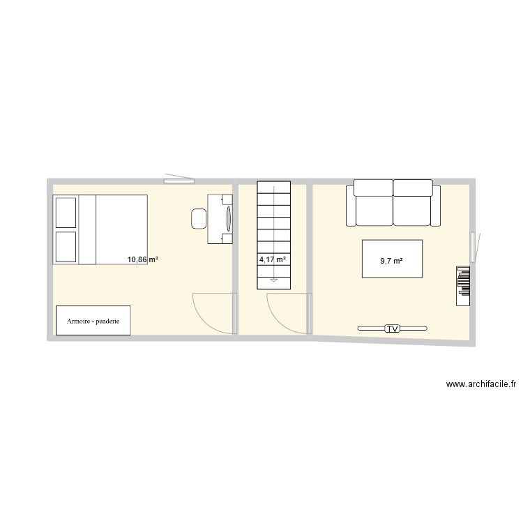 Etage, chambre + salon. Plan de 3 pièces et 25 m2