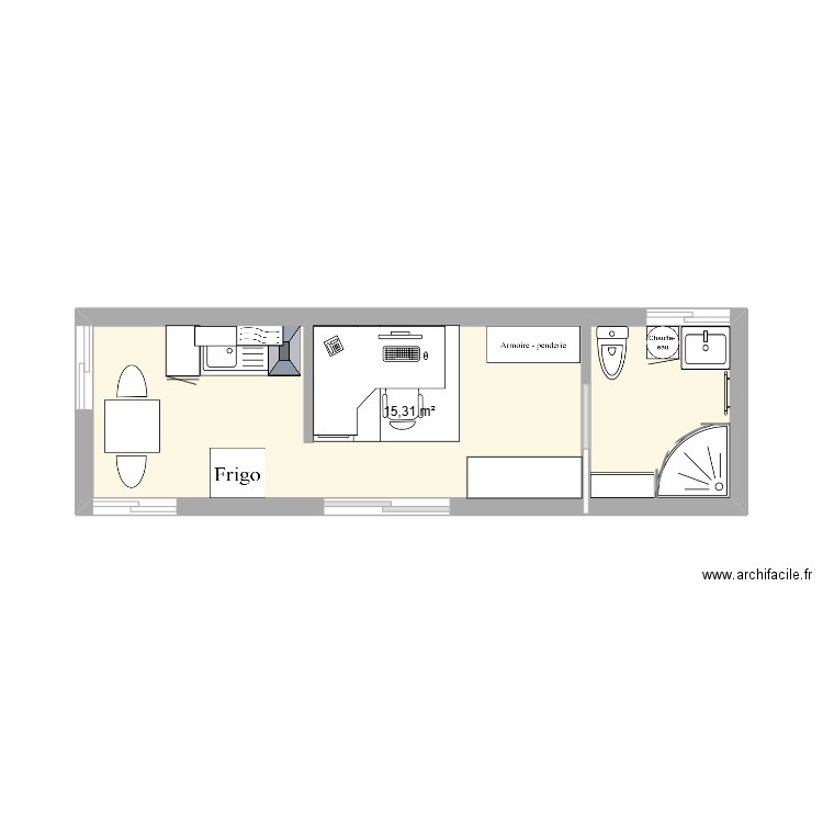 etlv. Plan de 1 pièce et 15 m2