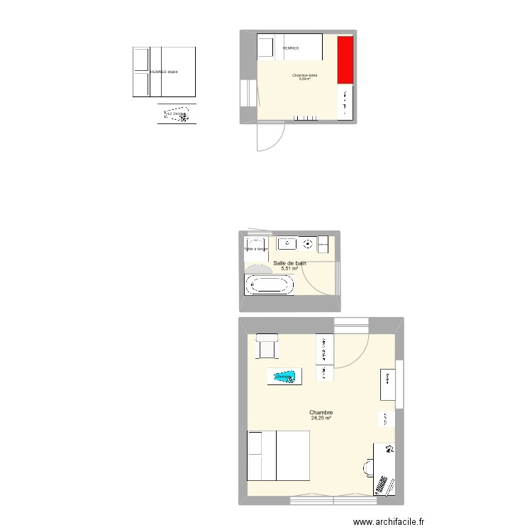 chambre bébé. Plan de 3 pièces et 38 m2