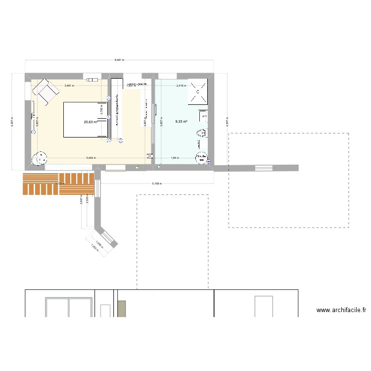 Suite1. Plan de 2 pièces et 30 m2