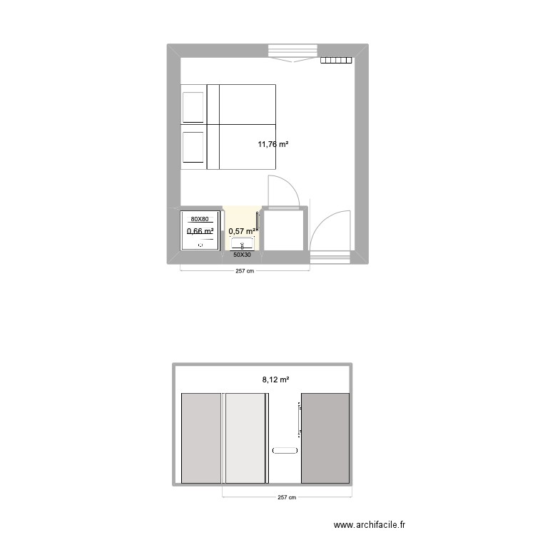 SDB petite chambre 3. Plan de 4 pièces et 21 m2