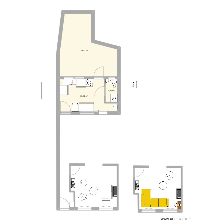 Cuisine. Plan de 3 pièces et 32 m2