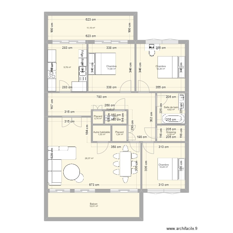 Appart Aubépine . Plan de 14 pièces et 123 m2