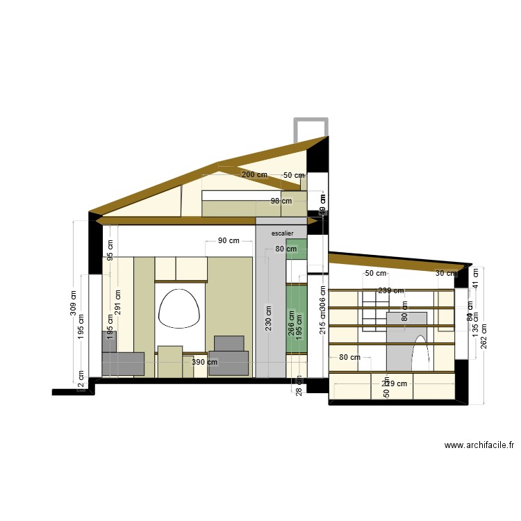 Coupe AA'. Plan de 2 pièces et 3 m2