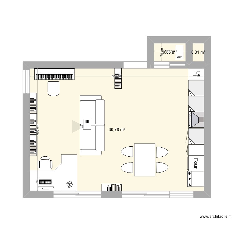 Porte joie. Plan de 3 pièces et 32 m2