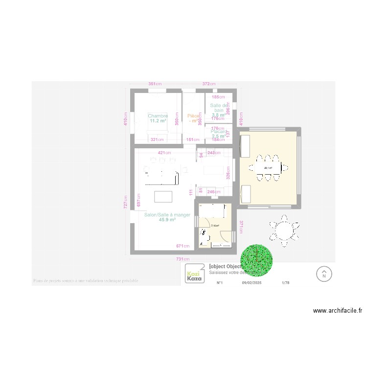 extension veranda terrasse . Plan de 2 pièces et 27 m2