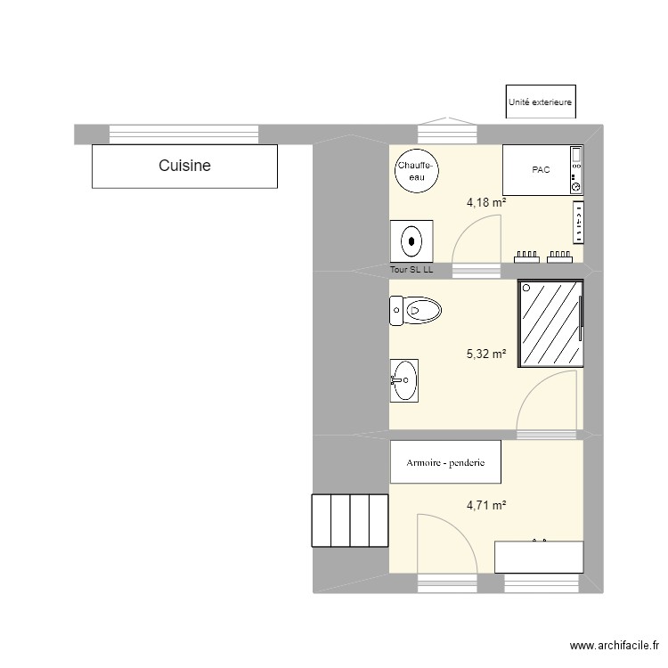 sdb planchouet. Plan de 3 pièces et 14 m2