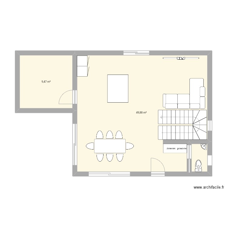 Rdc. Plan de 2 pièces et 59 m2