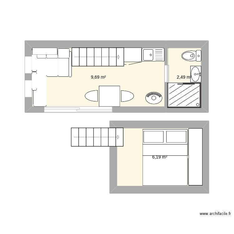 tiny house. Plan de 3 pièces et 18 m2