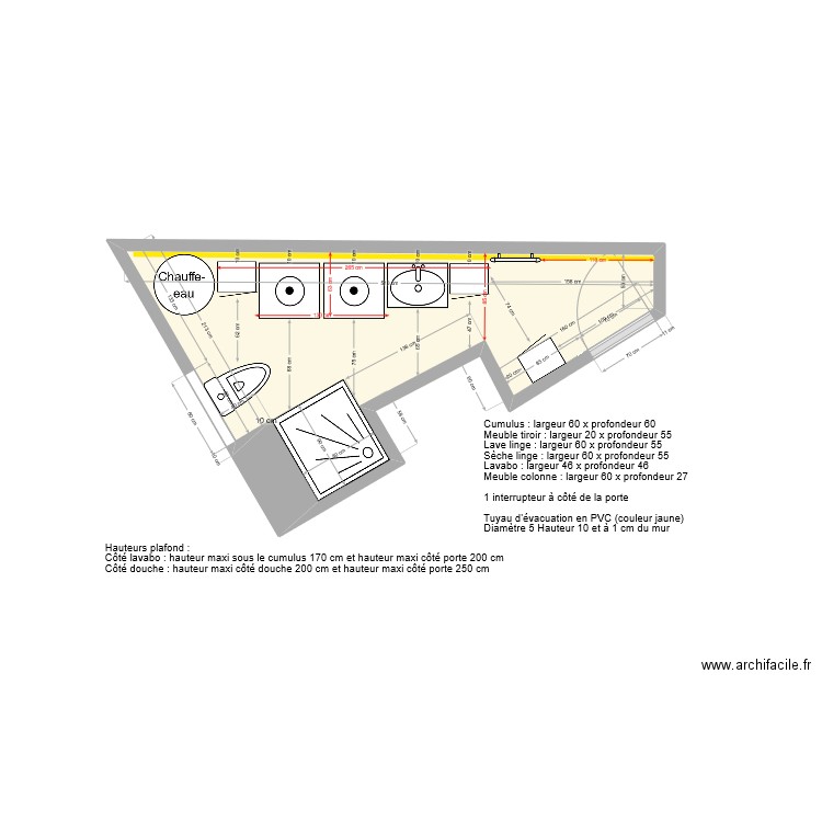 Salle de bain projet ameublement Casto. Plan de 1 pièce et 7 m2