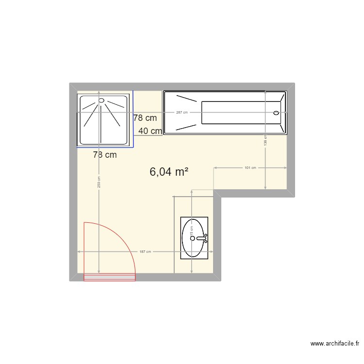 Projet salle de bain. Plan de 1 pièce et 6 m2