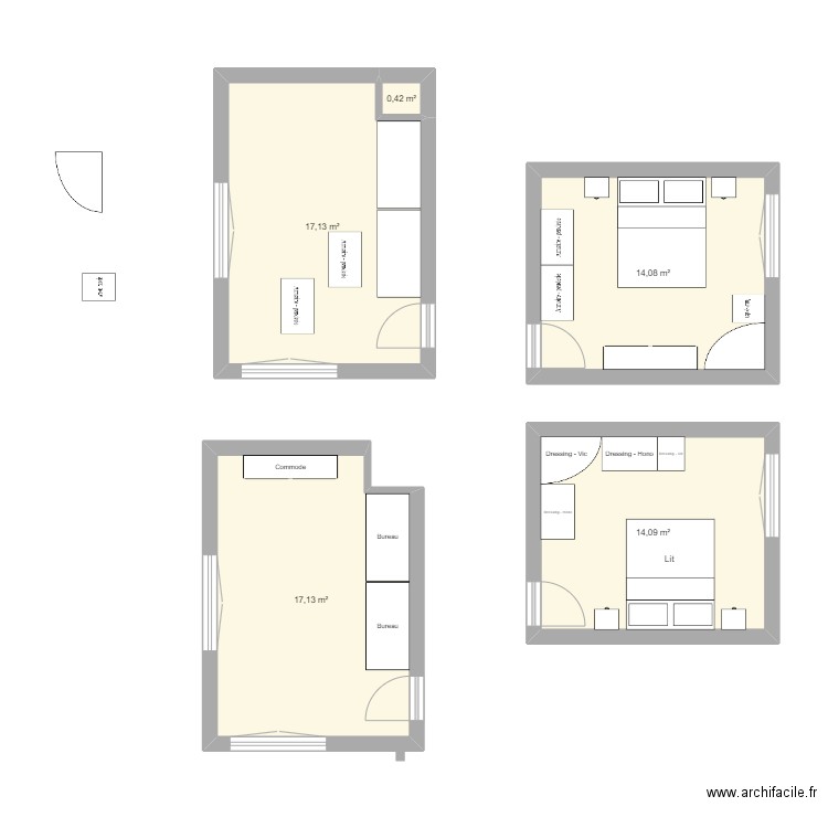 Bureau dressing. Plan de 5 pièces et 63 m2