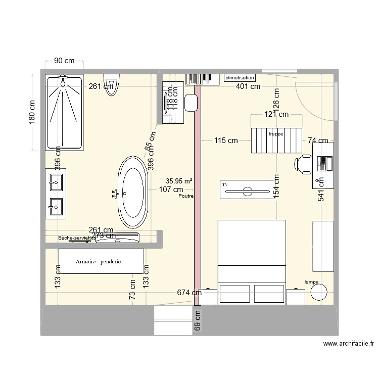 chambre idée 2. Plan de 1 pièce et 36 m2