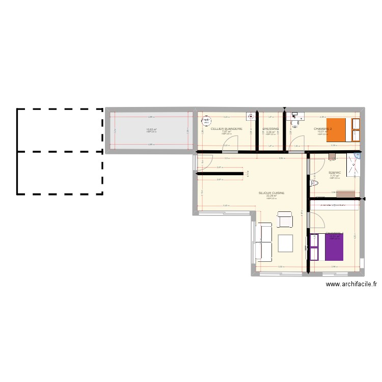 plan L. Plan de 7 pièces et 85 m2