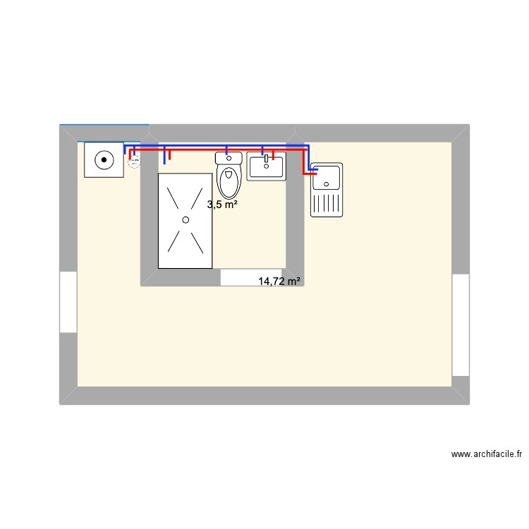 studio eau. Plan de 2 pièces et 18 m2