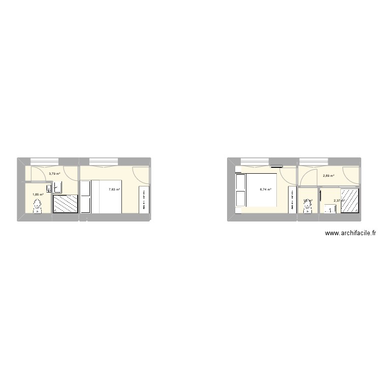 Chambres façade gite projet. Plan de 7 pièces et 26 m2