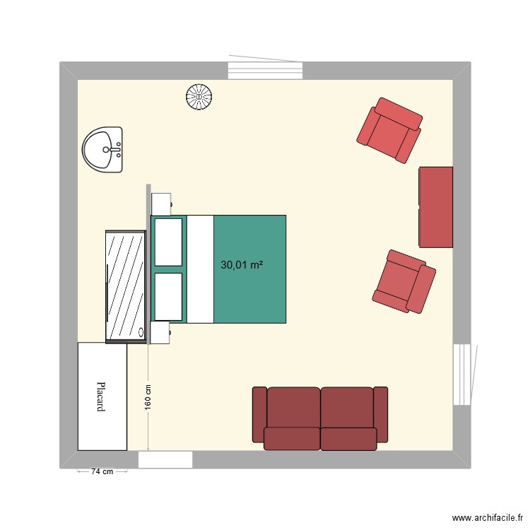 Chambre initiale. Plan de 1 pièce et 30 m2