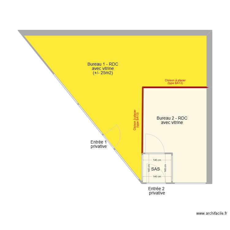 Vitrine RDC - Bureau 1. Plan de 3 pièces et 43 m2