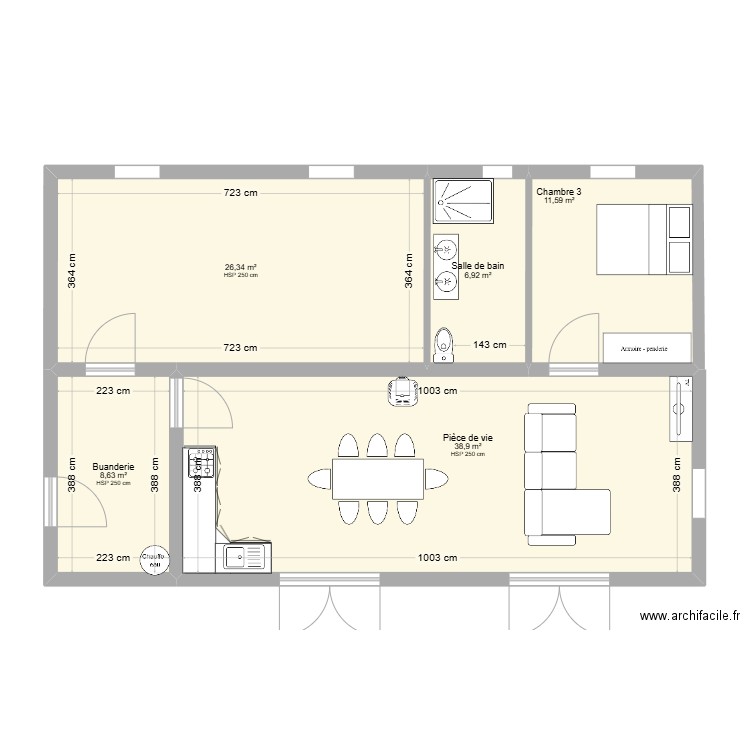 Projet 3 -  90 m². Plan de 5 pièces et 92 m2