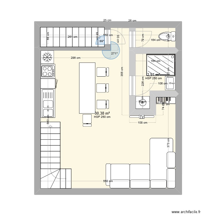 Studio. Plan de 2 pièces et 33 m2