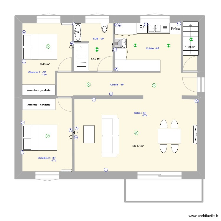 1er étage RP Tarbes. Plan de 4 pièces et 73 m2