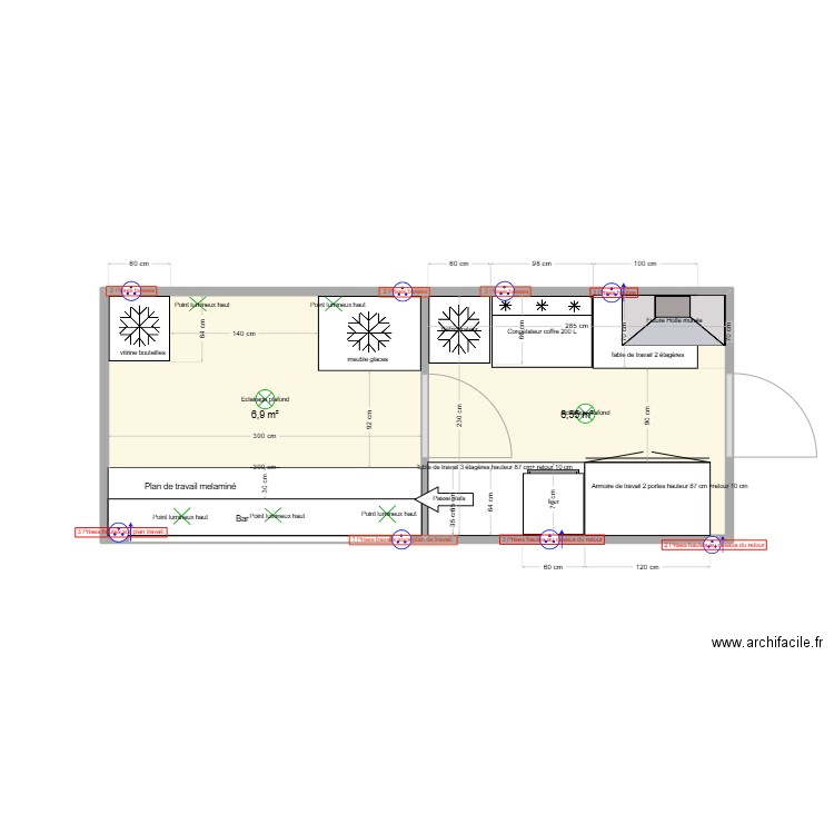 container food. Plan de 2 pièces et 13 m2