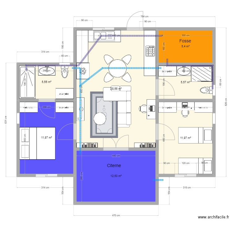 maison 2ch V2. Plan de 7 pièces et 82 m2