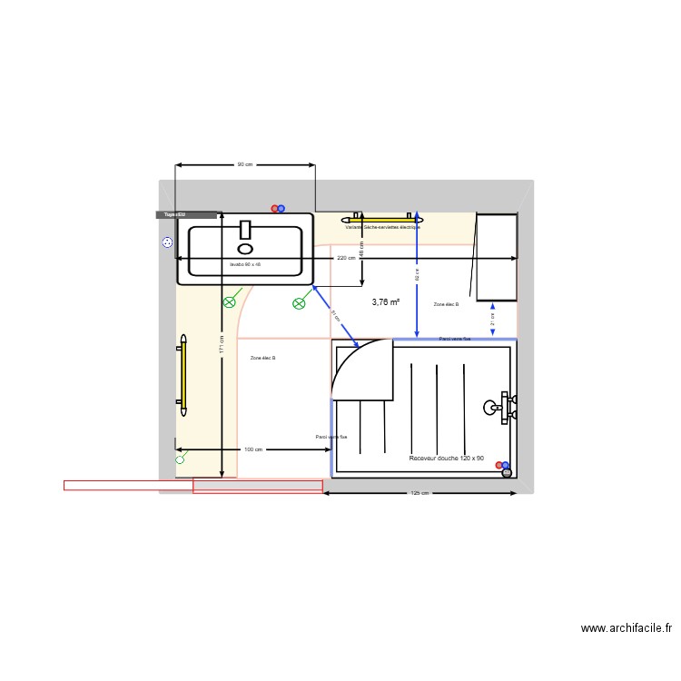 SDB Rossan_V120x90 arrondi. Plan de 1 pièce et 4 m2