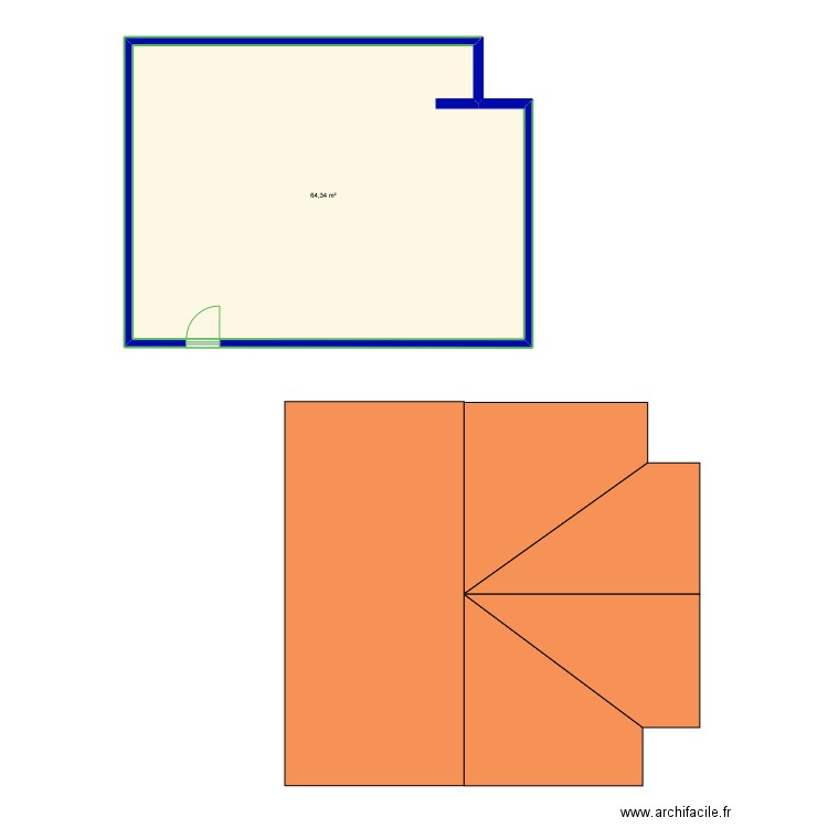 studio. Plan de 1 pièce et 64 m2